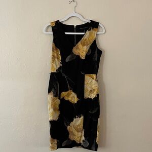 White House Black Market Black and Gold Floral Sheath Dress